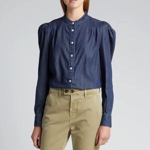 FRAME Charlie Denim Puff Sleeve Top Button Shirt